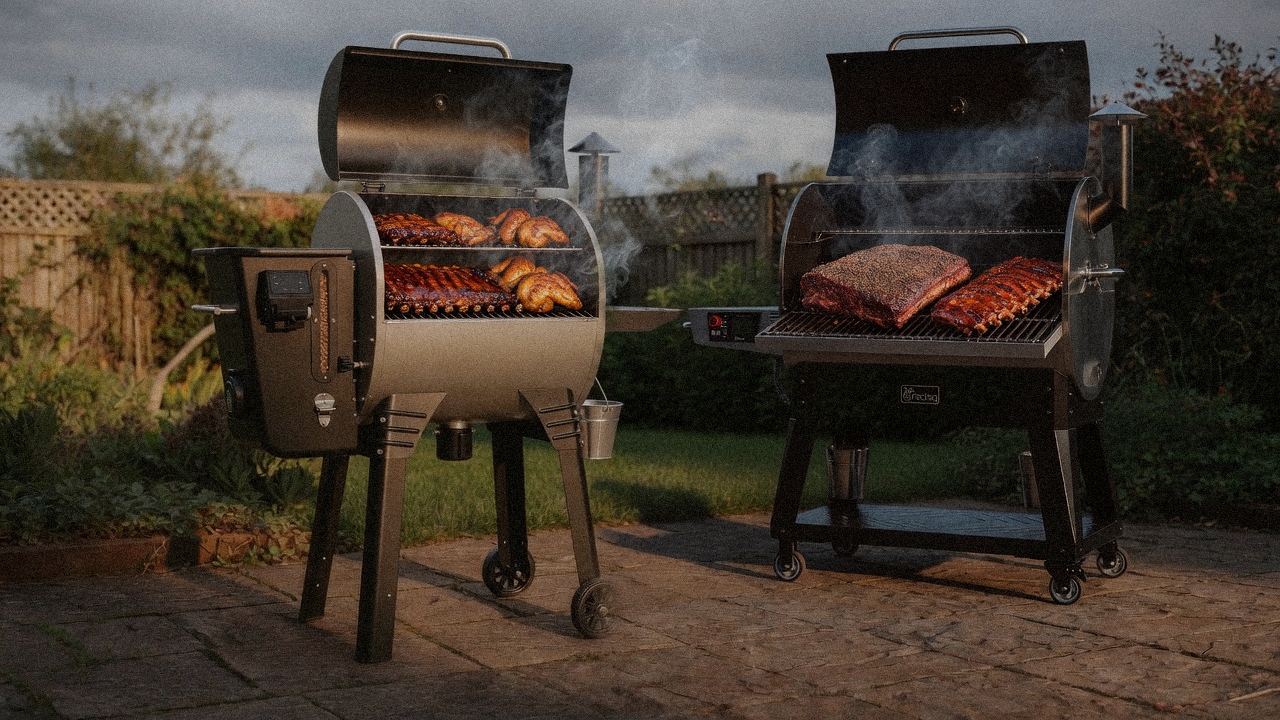 Camp Chef Woodwind Pro beside recteq Flagship 1600, official product photography on a dark steel panel