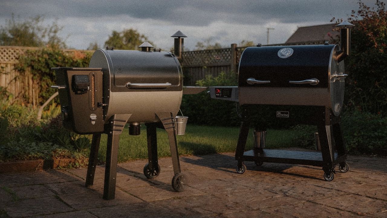 Camp Chef Woodwind Pro beside recteq Flagship 1600, official product photography on a dark steel panel