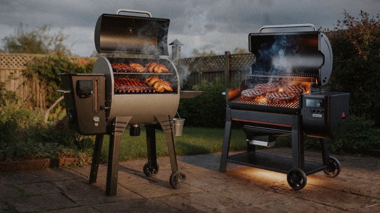 Camp Chef Woodwind Pro beside Weber Searwood XL 600, official product photography on a dark steel panel