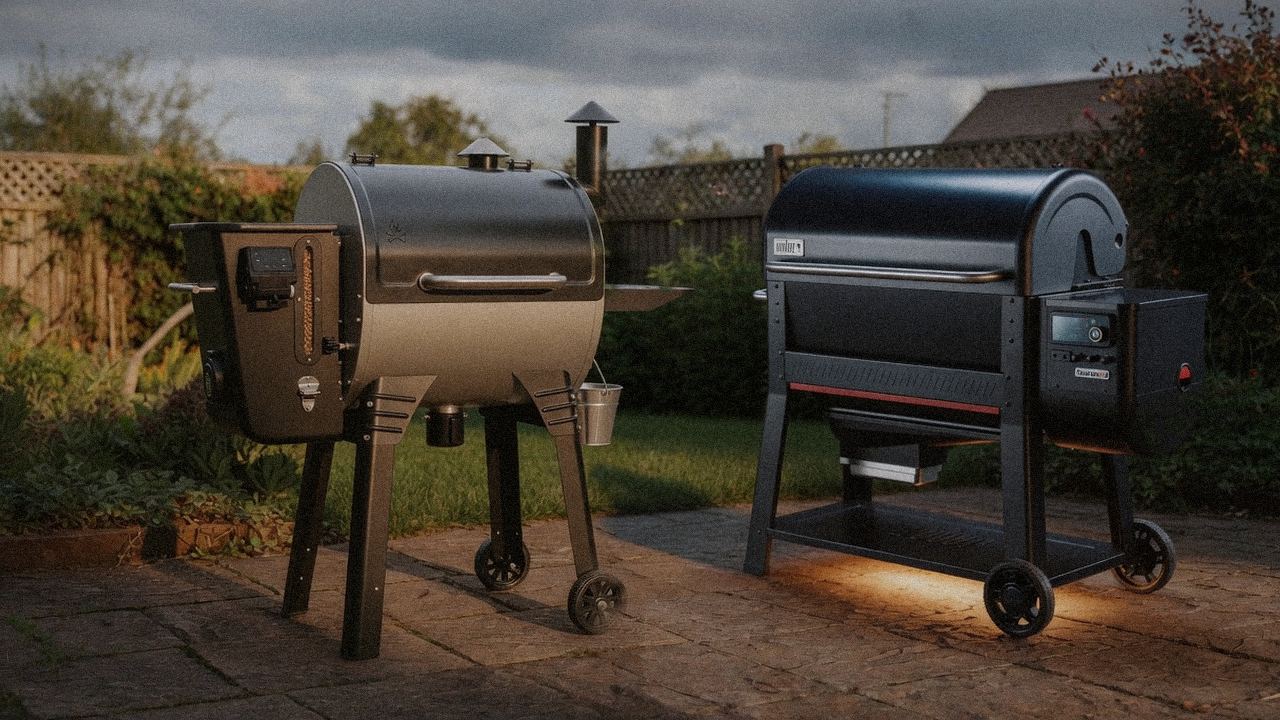Camp Chef Woodwind Pro beside Weber Searwood XL 600, official product photography on a dark steel panel