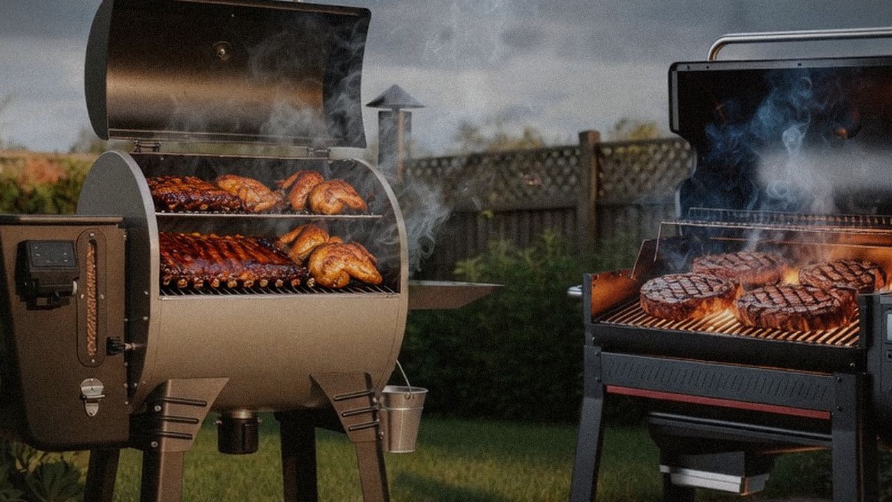 Camp Chef Woodwind Pro beside Weber Searwood XL 600, official product photography on a dark steel panel
