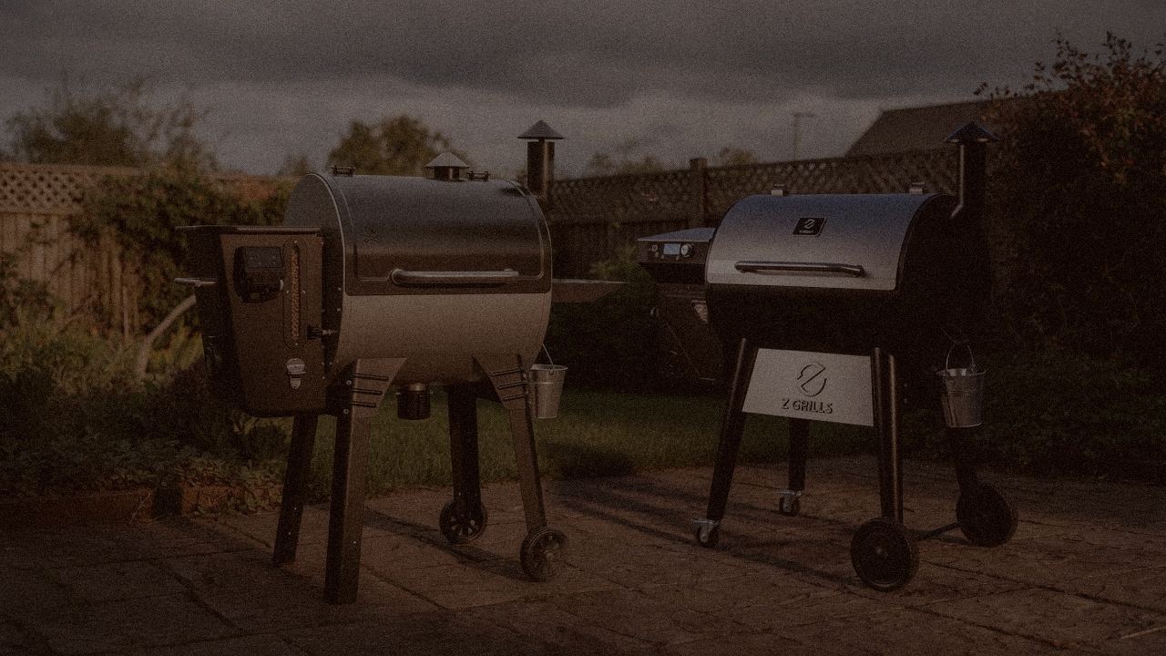 Camp Chef Woodwind Pro beside Z Grills 700 Series, official product photography on a dark steel panel