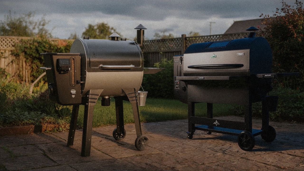Camp Chef Woodwind WiFi 24 beside Green Mountain Grills Peak, editorial product photography