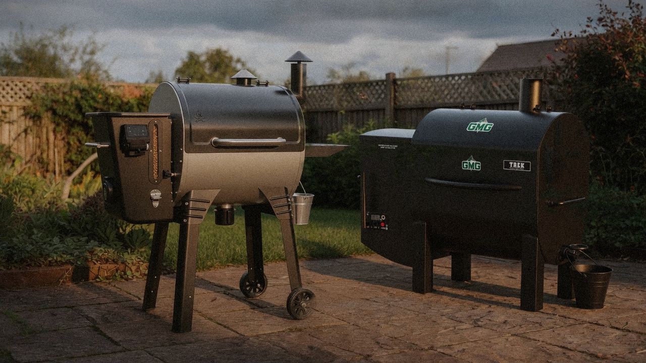 Camp Chef Woodwind WiFi 24 beside Green Mountain Grills Trek, editorial product photography