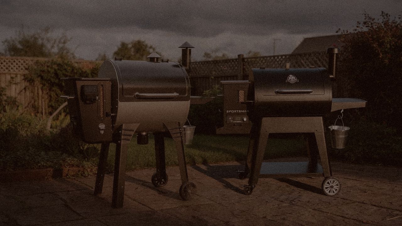 Camp Chef Woodwind WiFi 24 and Pit Boss Sportsman at night with smoke, wood pellet grills on a dark patio