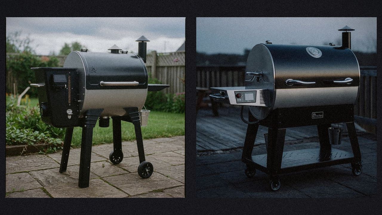 Camp Chef Woodwind WiFi 24 beside recteq Deck Boss Legacy Edition, editorial product photography