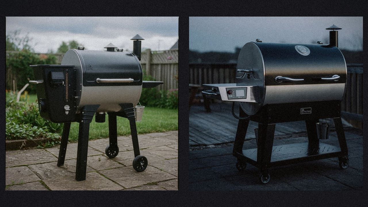 Camp Chef Woodwind WiFi 24 beside recteq X-Fire Pro 825, editorial product photography