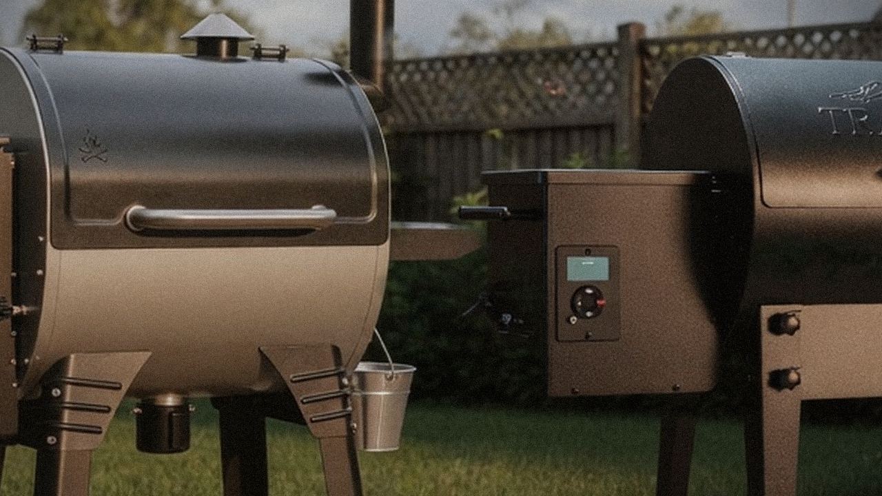 Camp Chef Woodwind WiFi 24 and Traeger Tailgater 20 starting up, controllers lit