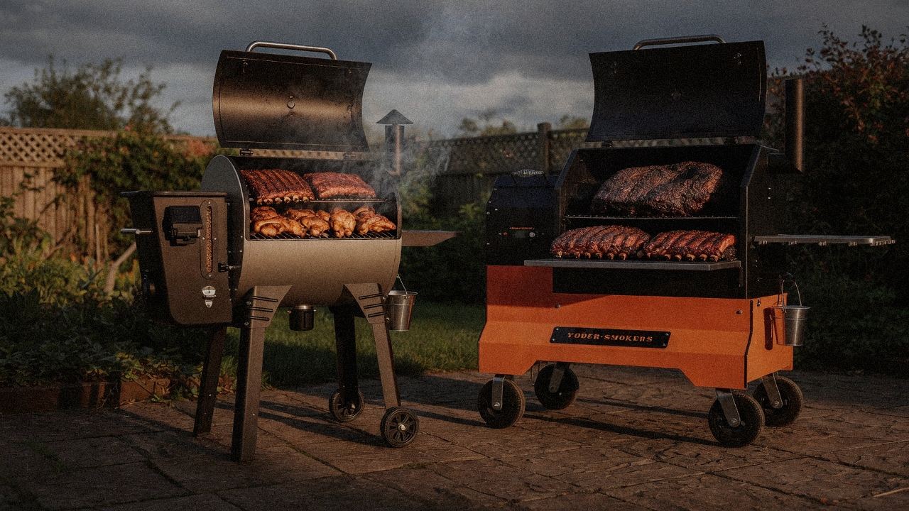 Camp Chef Woodwind WiFi 24 cooking next to Yoder Smokers YS640s, wood pellet grills on the same patio