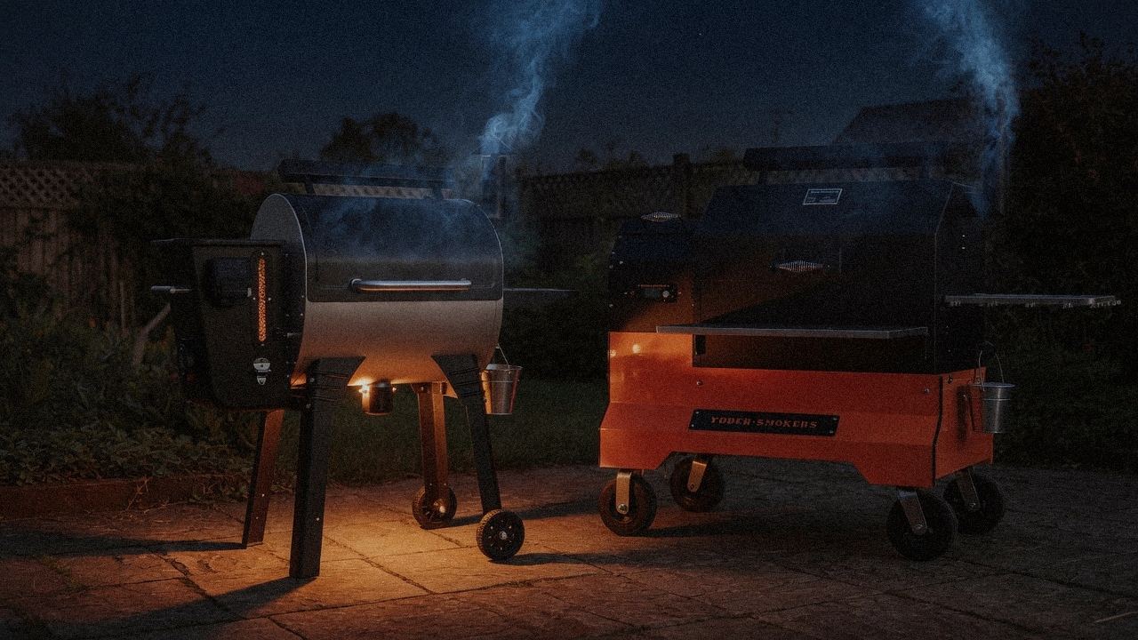 Camp Chef Woodwind WiFi 24 and Yoder Smokers YS640s at night with smoke, wood pellet grills on a dark patio