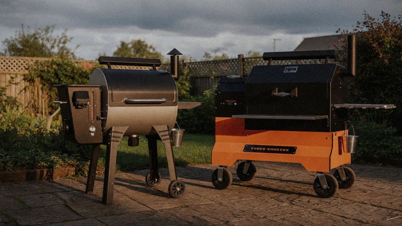 Camp Chef Woodwind WiFi 24 beside Yoder Smokers YS640s, editorial product photography