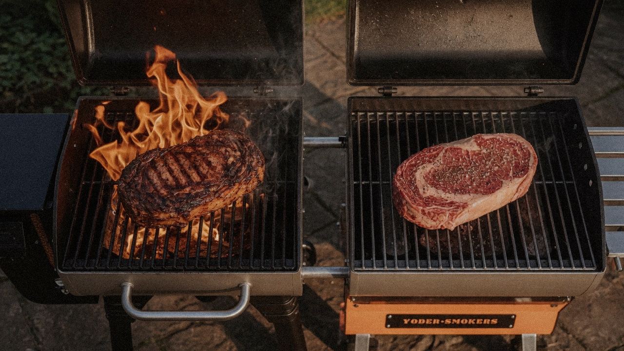 Searing and grate view: Camp Chef Woodwind WiFi 24 next to Yoder Smokers YS640s
