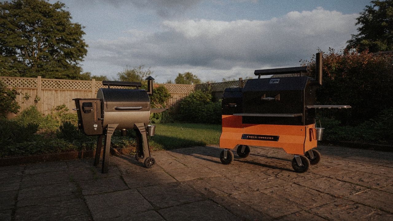 Camp Chef Woodwind WiFi 24 standing next to Yoder Smokers YS640s, showing the size and price-tier gap
