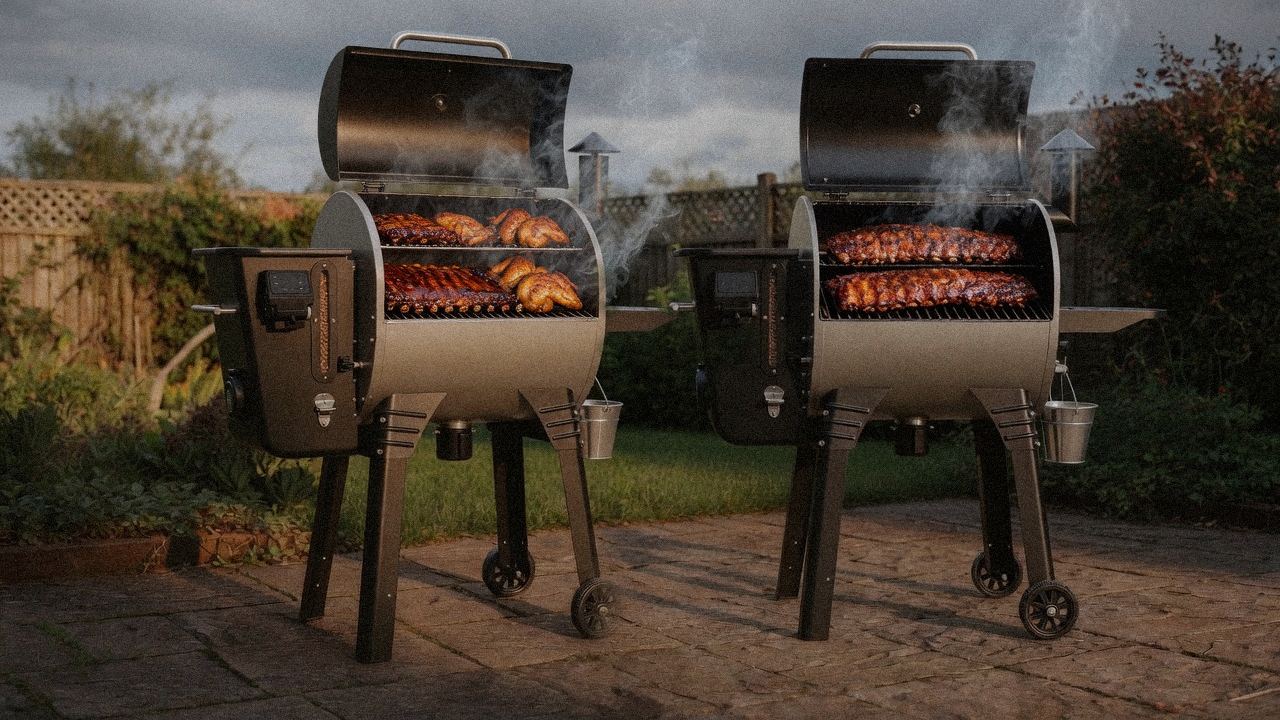 Camp Chef Woodwind Pro WiFi 24 cooking next to Camp Chef Woodwind WiFi 24, wood pellet grills on the same patio