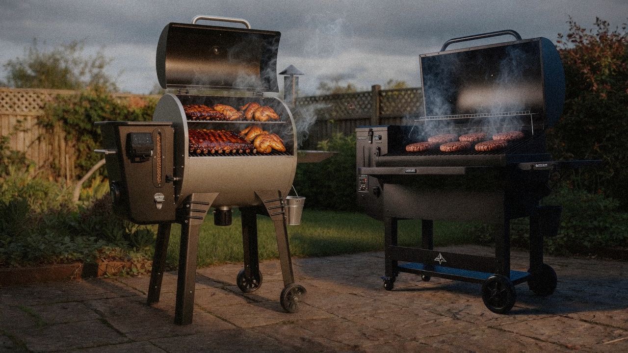 Camp Chef Woodwind Pro WiFi 24 cooking next to Green Mountain Grills Peak, wood pellet grills on the same patio