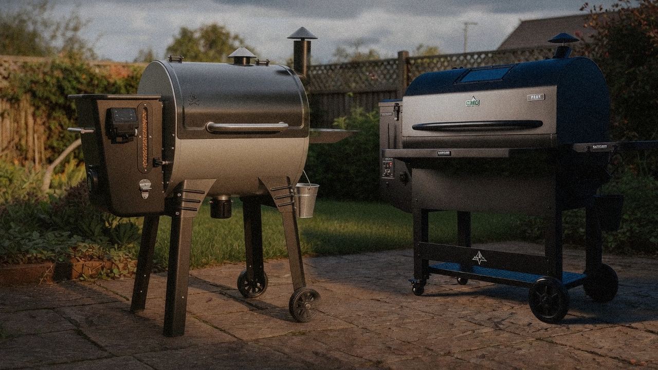 Camp Chef Woodwind Pro WiFi 24 standing next to Green Mountain Grills Peak, showing the size and price-tier gap