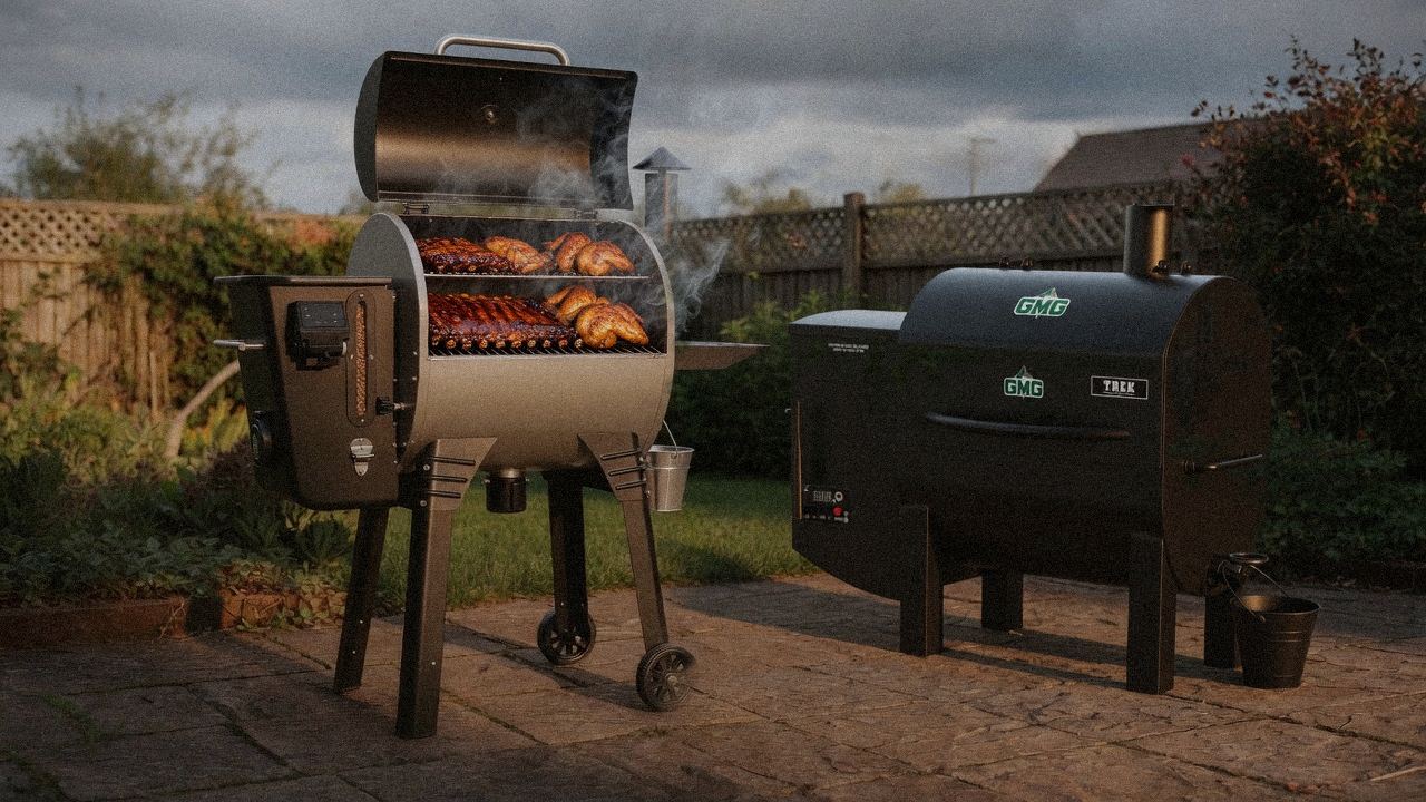 Camp Chef Woodwind Pro WiFi 24 cooking next to Green Mountain Grills Trek, wood pellet grills on the same patio