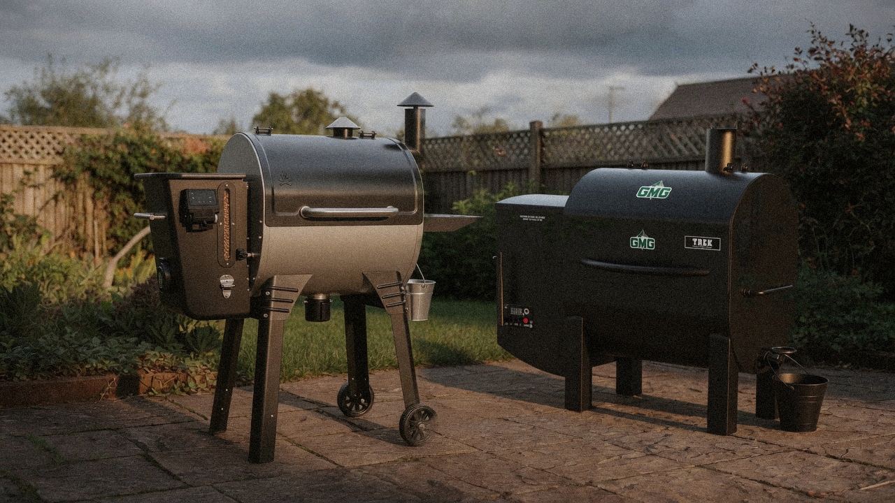 Morning patio with the Camp Chef Woodwind Pro WiFi 24 and the Green Mountain Grills Trek, unboxing-day mood