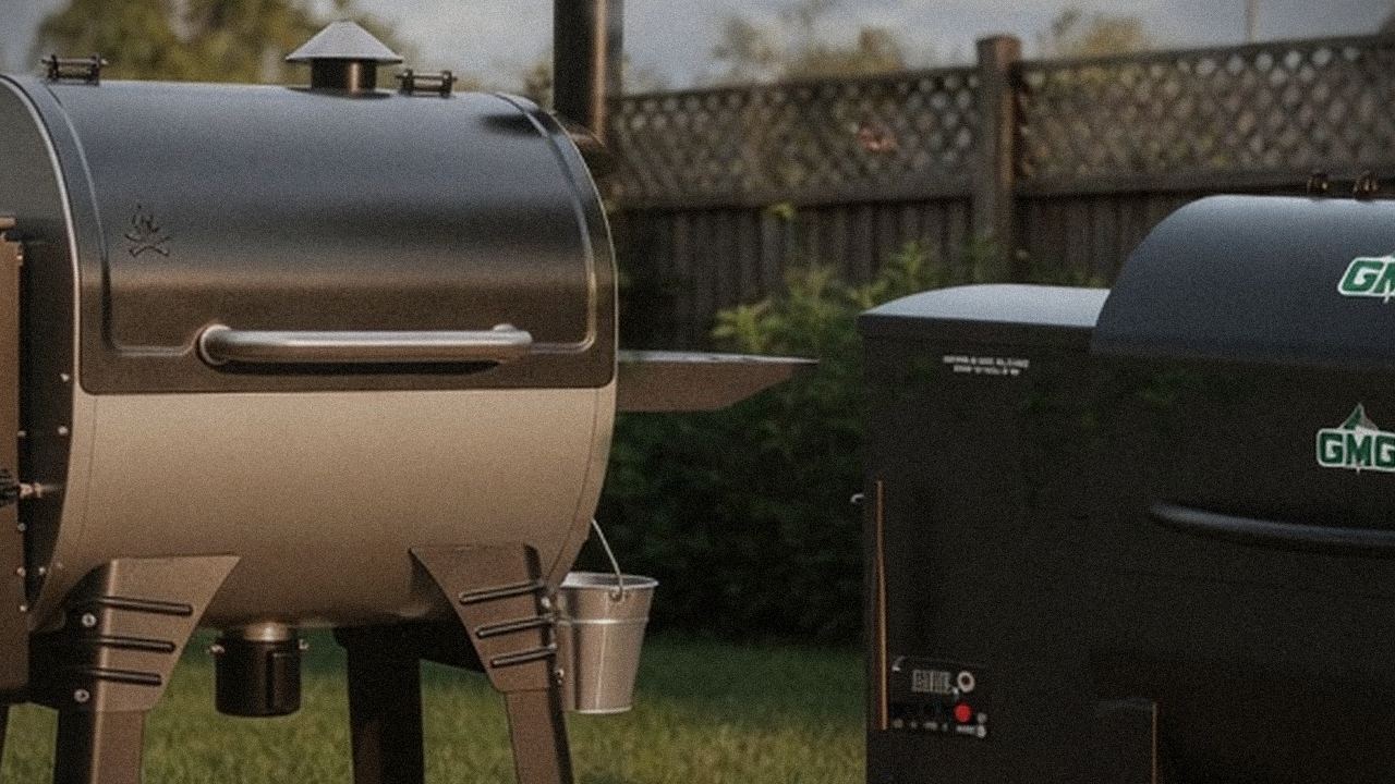 Camp Chef Woodwind Pro WiFi 24 and Green Mountain Grills Trek starting up, controllers lit