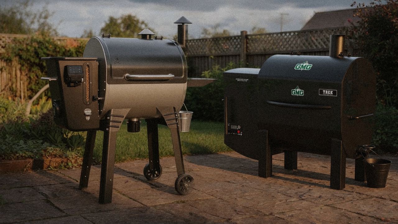 Camp Chef Woodwind Pro WiFi 24 standing next to Green Mountain Grills Trek, showing the size and price-tier gap