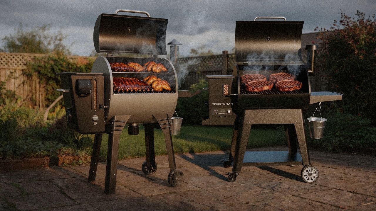 Camp Chef Woodwind Pro WiFi 24 cooking next to Pit Boss Navigator 850, wood pellet grills on the same patio