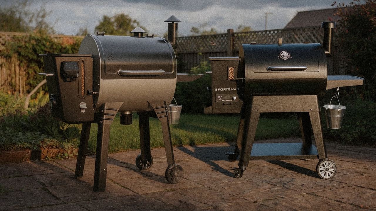 Camp Chef Woodwind Pro WiFi 24 standing next to Pit Boss Navigator 850, showing the size and price-tier gap