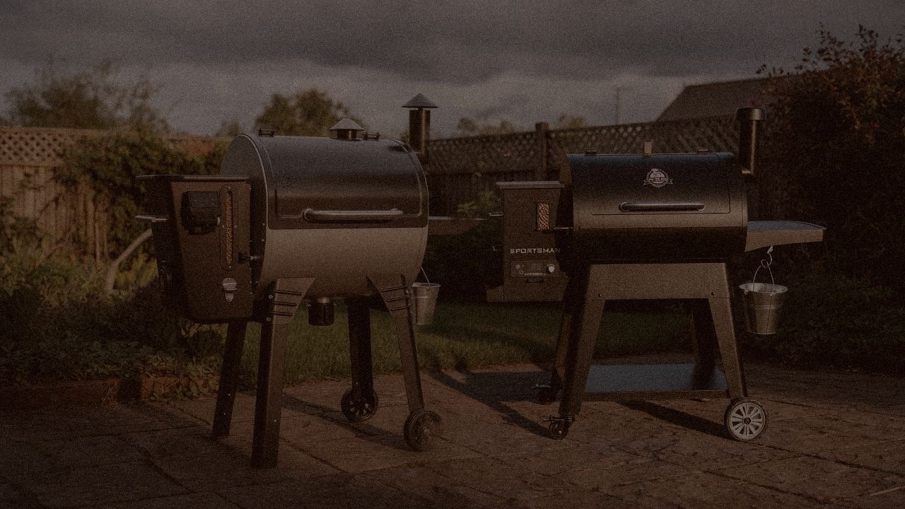 Camp Chef Woodwind Pro WiFi 24 and Pit Boss Sportsman at night with smoke, wood pellet grills on a dark patio