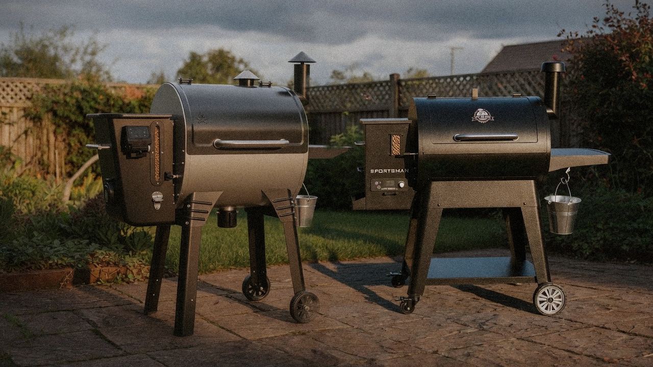 Camp Chef Woodwind Pro WiFi 24 beside Pit Boss Sportsman, editorial product photography