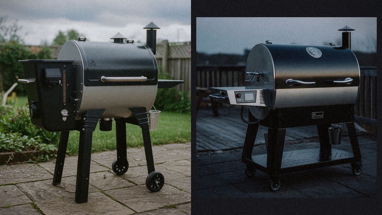 Camp Chef Woodwind Pro WiFi 24 beside recteq Bullseye Deluxe, editorial product photography