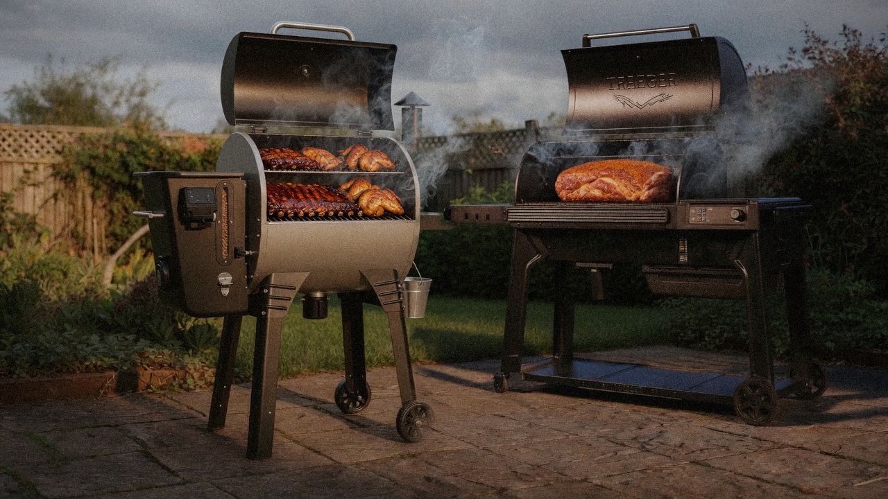 Camp Chef Woodwind Pro WiFi 24 cooking next to Traeger Ironwood, wood pellet grills on the same patio