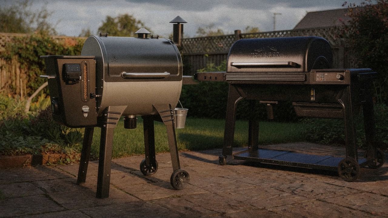 Camp Chef Woodwind Pro WiFi 24 standing next to Traeger Pro 780, showing the size and price-tier gap
