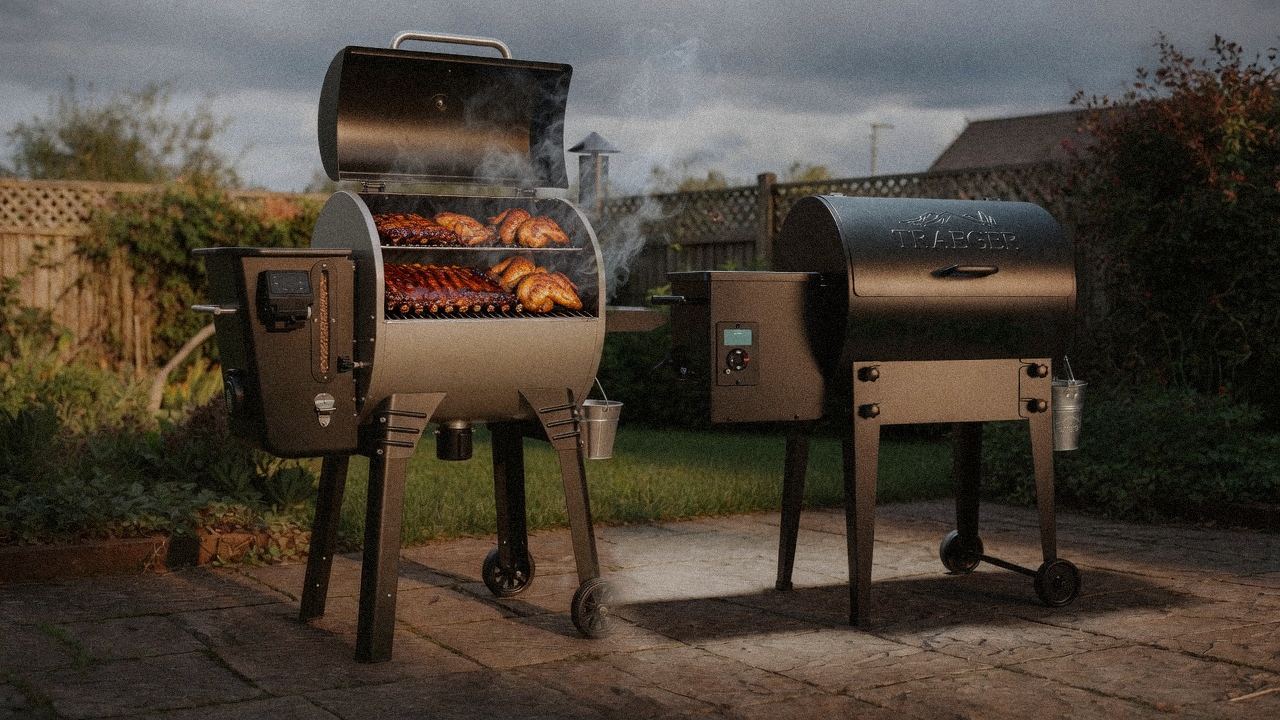 Camp Chef Woodwind Pro WiFi 24 cooking next to Traeger Tailgater 20, wood pellet grills on the same patio