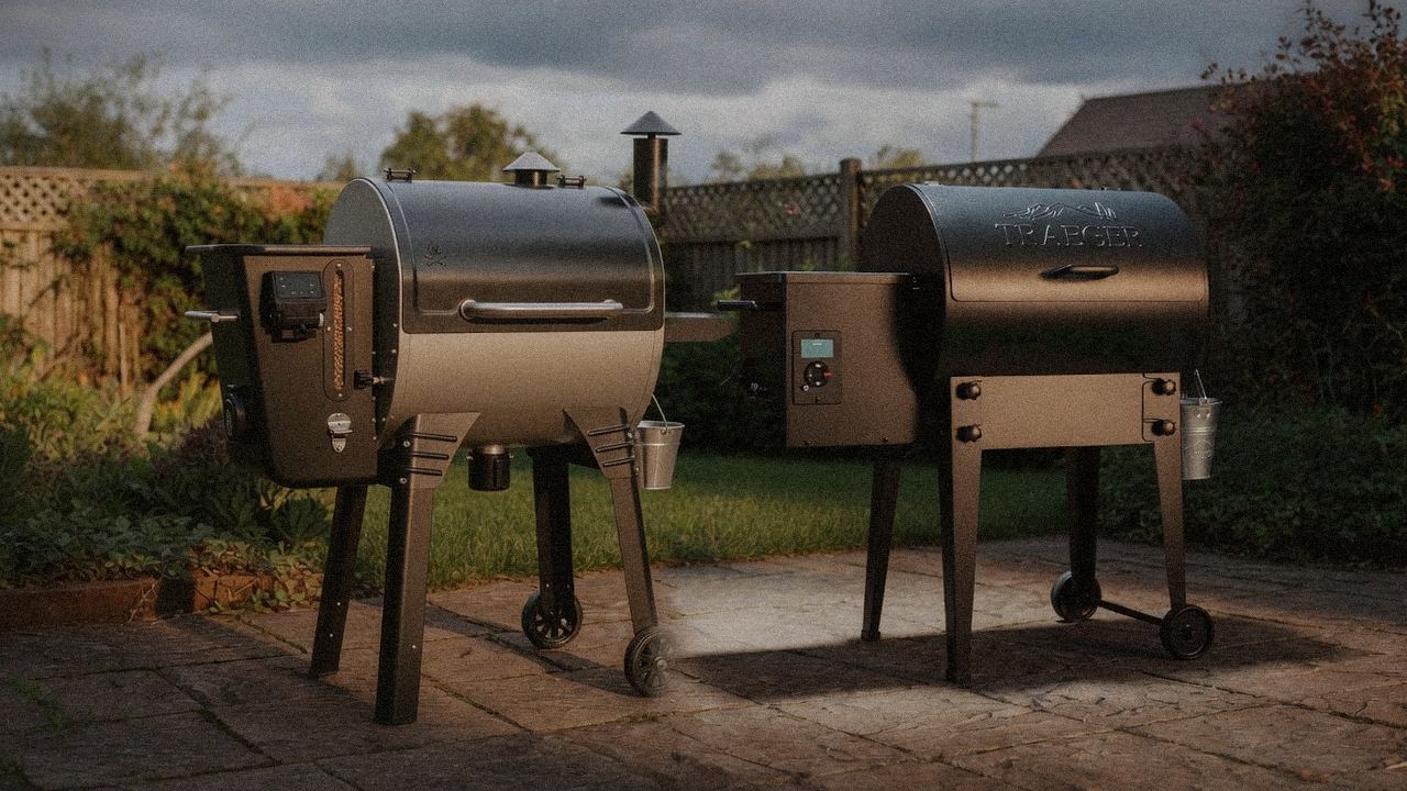 Camp Chef Woodwind Pro WiFi 24 beside Traeger Tailgater 20, editorial product photography