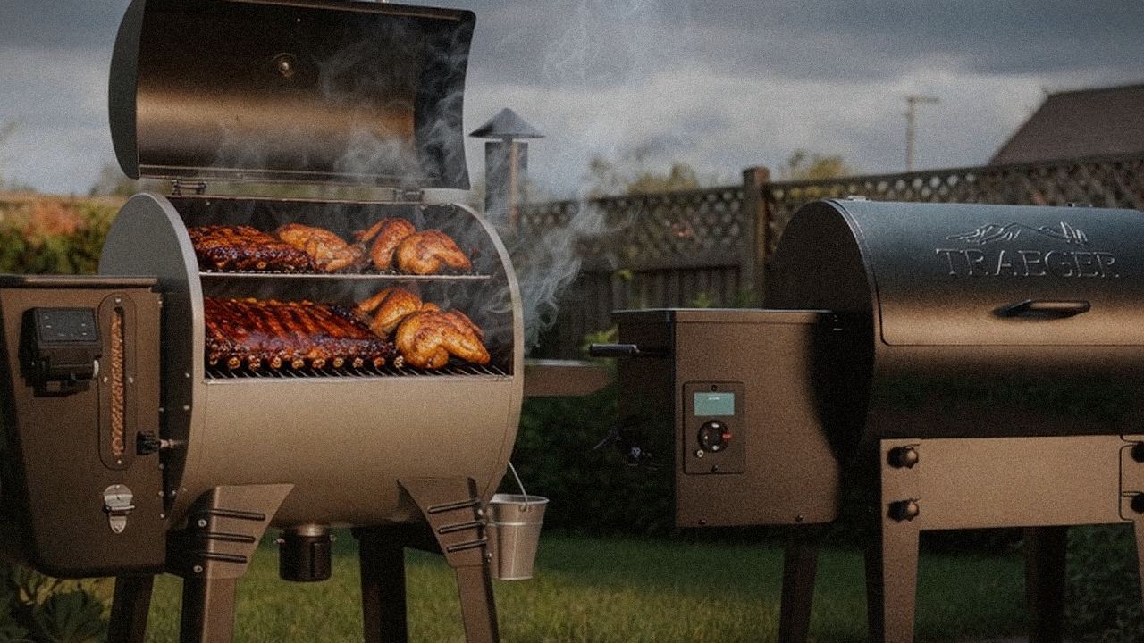 Searing and grate view: Camp Chef Woodwind Pro WiFi 24 next to Traeger Tailgater 20