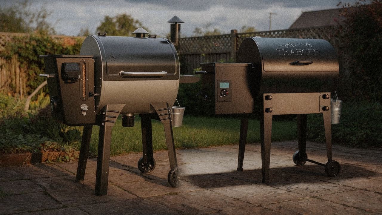 Camp Chef Woodwind Pro WiFi 24 standing next to Traeger Tailgater 20, showing the size and price-tier gap