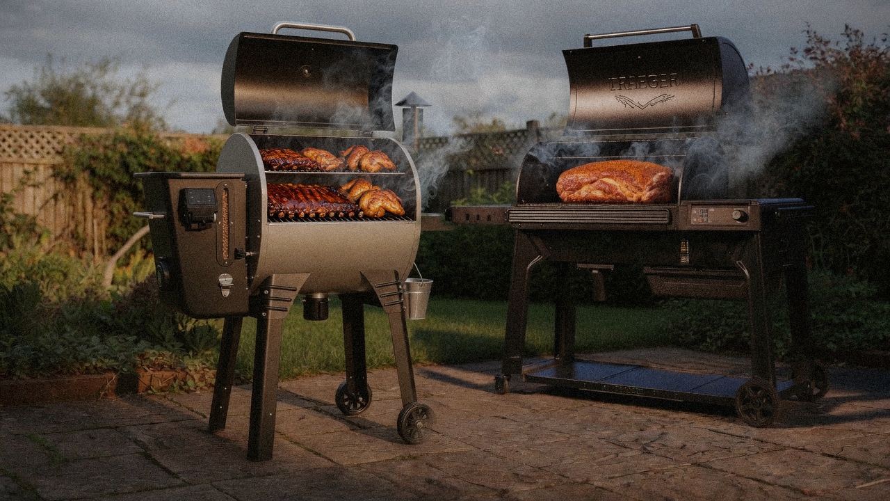 Camp Chef Woodwind Pro WiFi 24 cooking next to Traeger Woodridge Pro, wood pellet grills on the same patio