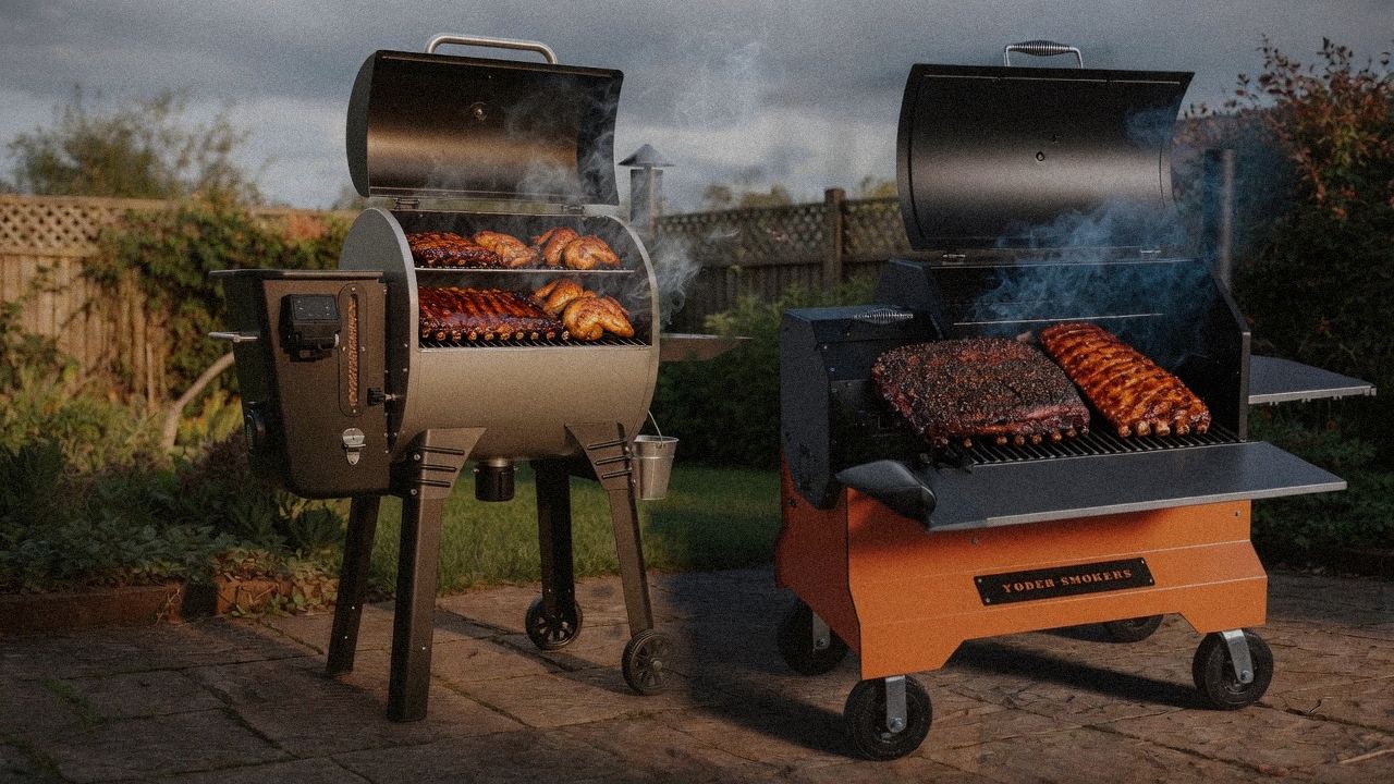 Camp Chef Woodwind Pro WiFi 24 cooking next to Yoder Smokers YS640s, wood pellet grills on the same patio