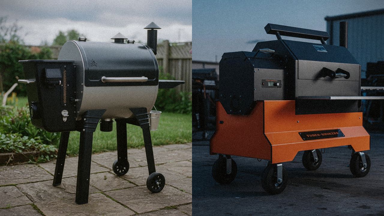 Camp Chef Woodwind Pro WiFi 24 beside Yoder Smokers YS640s, editorial product photography