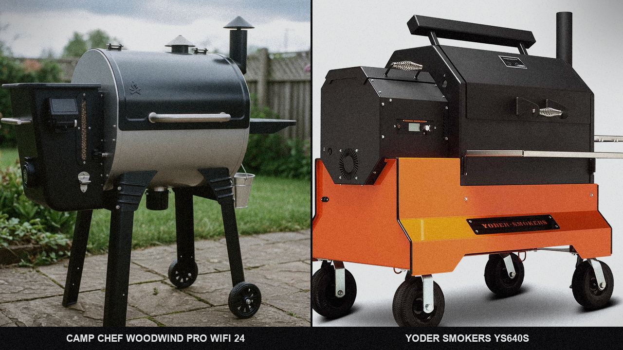Camp Chef Woodwind Pro WiFi 24 standing next to Yoder Smokers YS640s, showing the size and price-tier gap