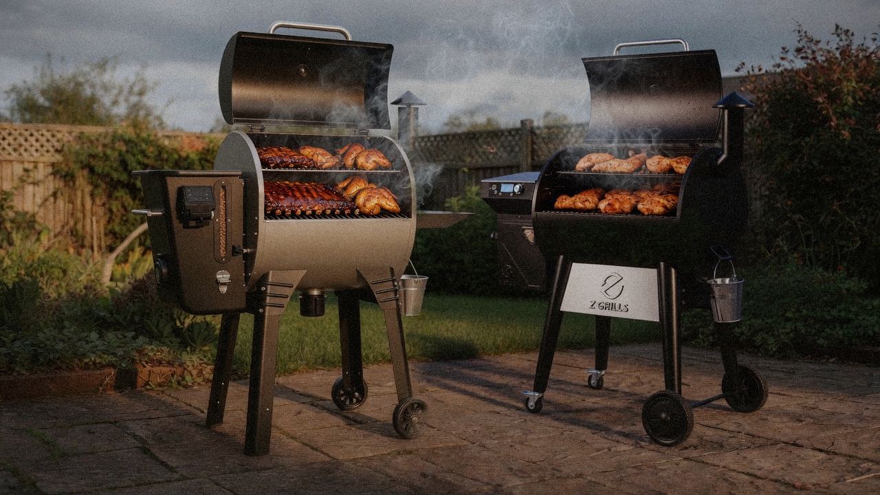 Camp Chef Woodwind Pro WiFi 24 cooking next to Z Grills 700 Series (ZPG-7002), wood pellet grills on the same patio