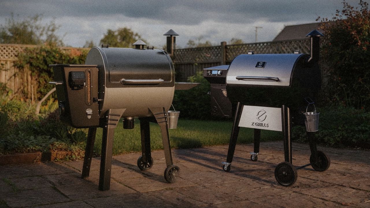 Camp Chef Woodwind Pro WiFi 24 beside Z Grills 700 Series (ZPG-7002), editorial product photography