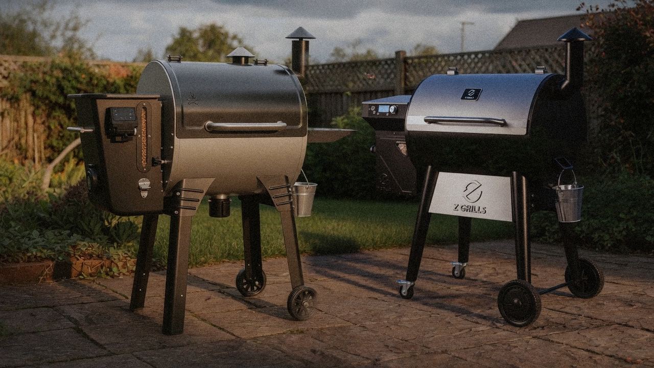 Camp Chef Woodwind Pro WiFi 24 standing next to Z Grills 700 Series (ZPG-7002), showing the size and price-tier gap