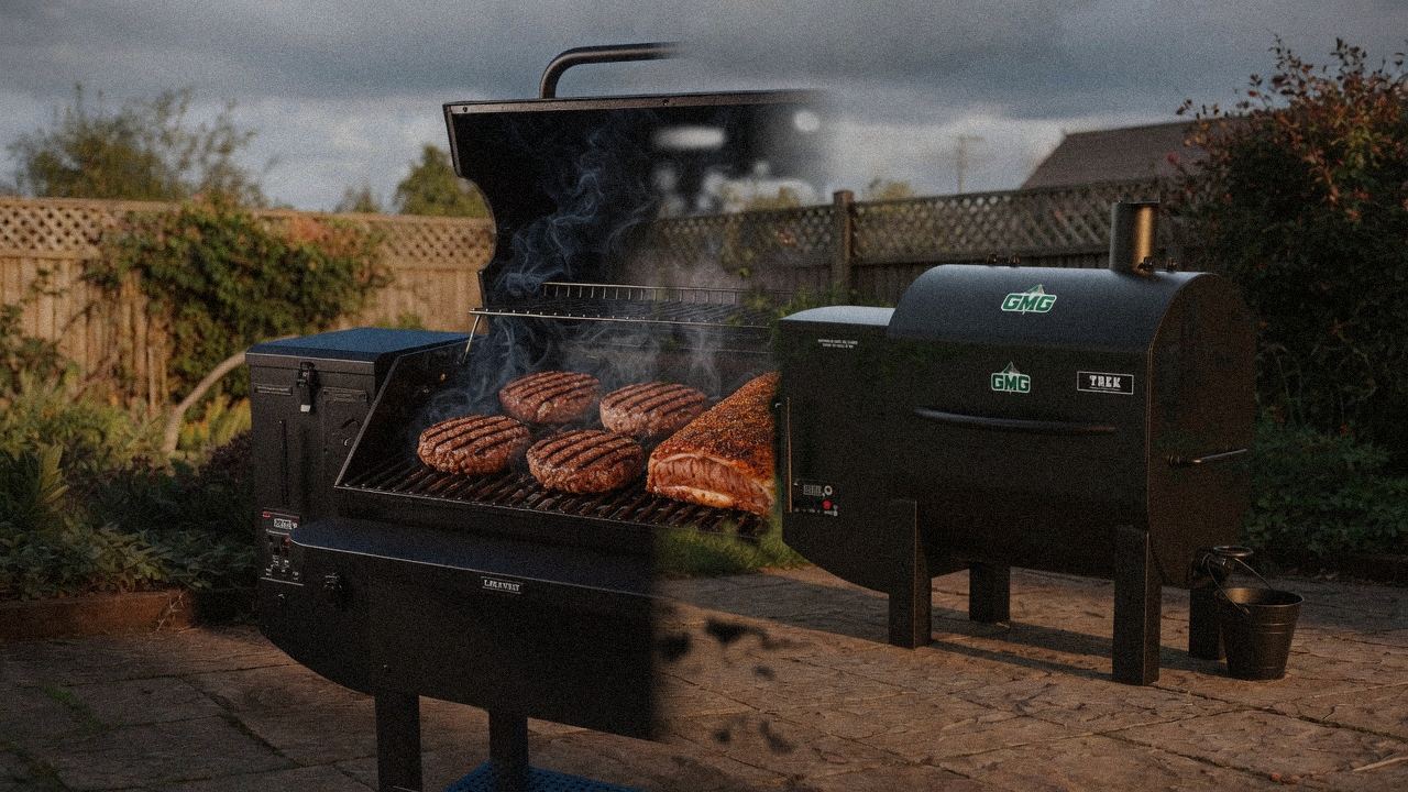 Green Mountain Grills Peak cooking next to Green Mountain Grills Trek, wood pellet grills on the same patio