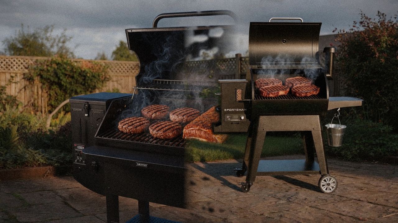 Green Mountain Grills Peak cooking next to Pit Boss Navigator 850, wood pellet grills on the same patio