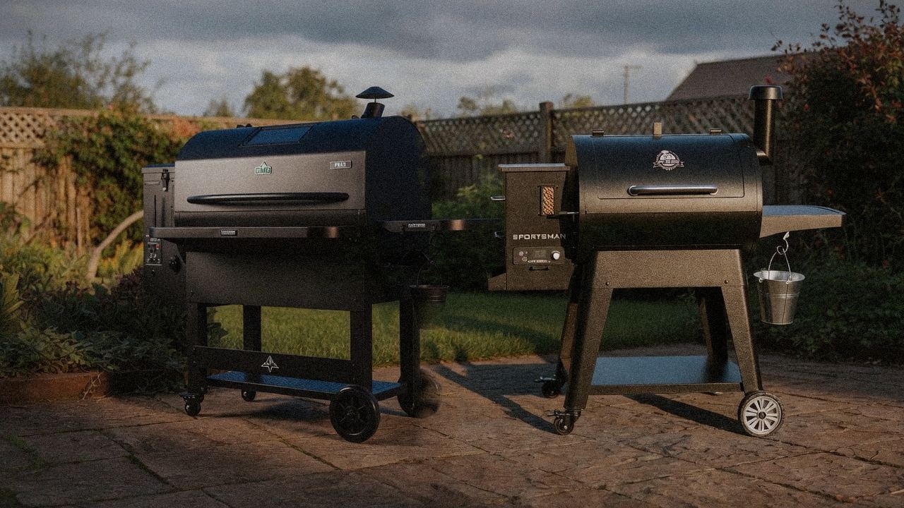 Green Mountain Grills Peak beside Pit Boss Navigator 850, editorial product photography