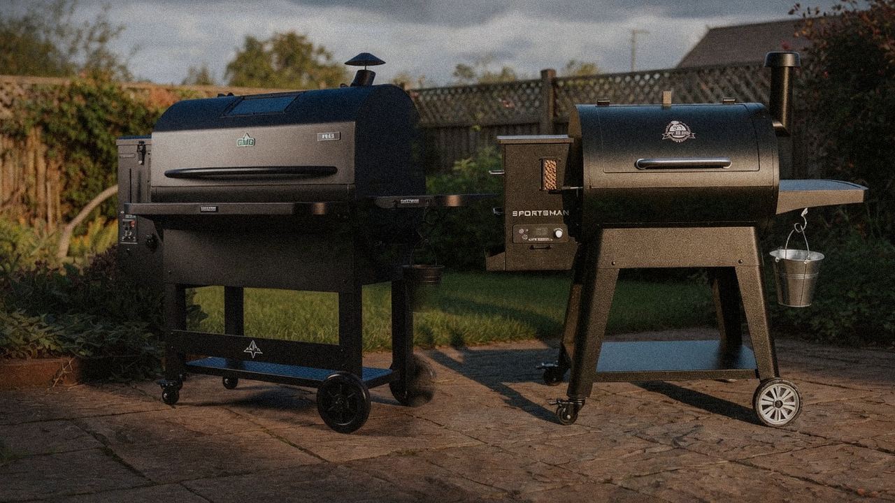 Green Mountain Grills Peak standing next to Pit Boss Sportsman, showing the size and price-tier gap
