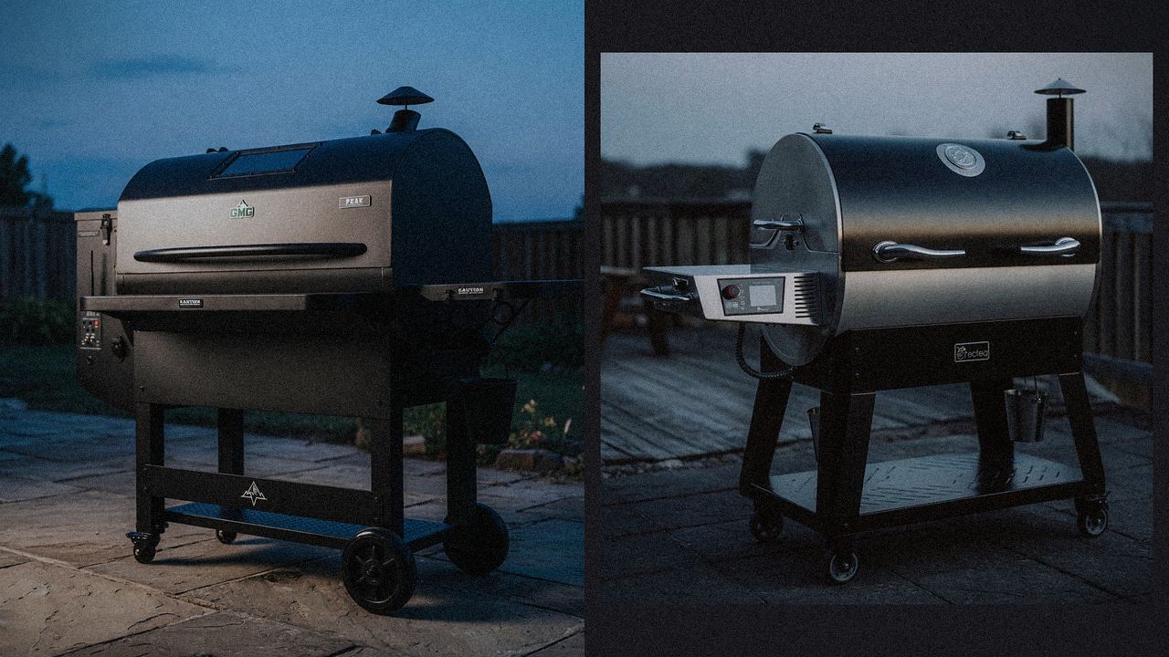 Green Mountain Grills Peak beside recteq Deck Boss Legacy Edition, editorial product photography
