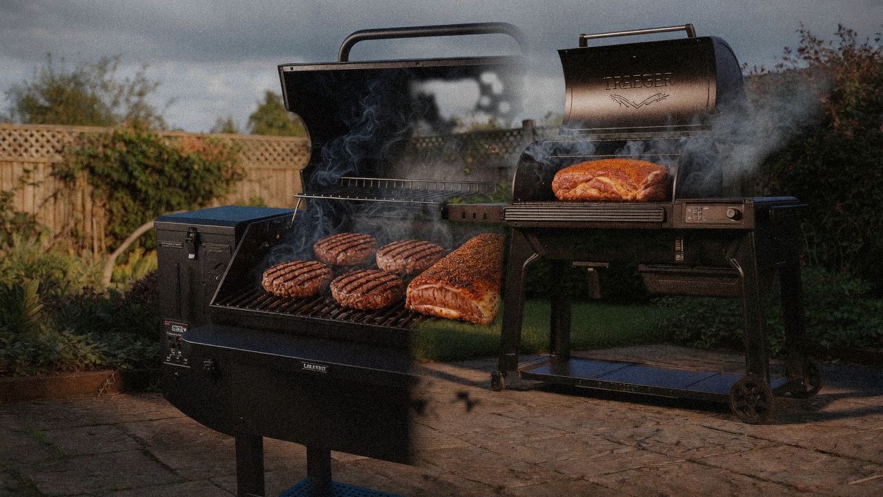 Green Mountain Grills Peak cooking next to Traeger Pro 780, wood pellet grills on the same patio