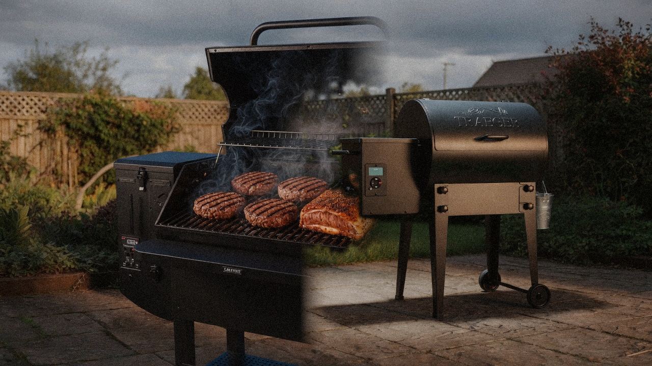 Green Mountain Grills Peak cooking next to Traeger Tailgater 20, wood pellet grills on the same patio