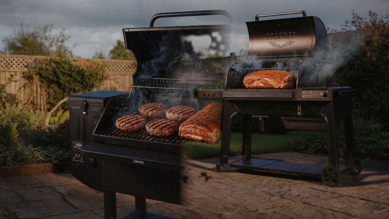 Green Mountain Grills Peak cooking next to Traeger Timberline, wood pellet grills on the same patio